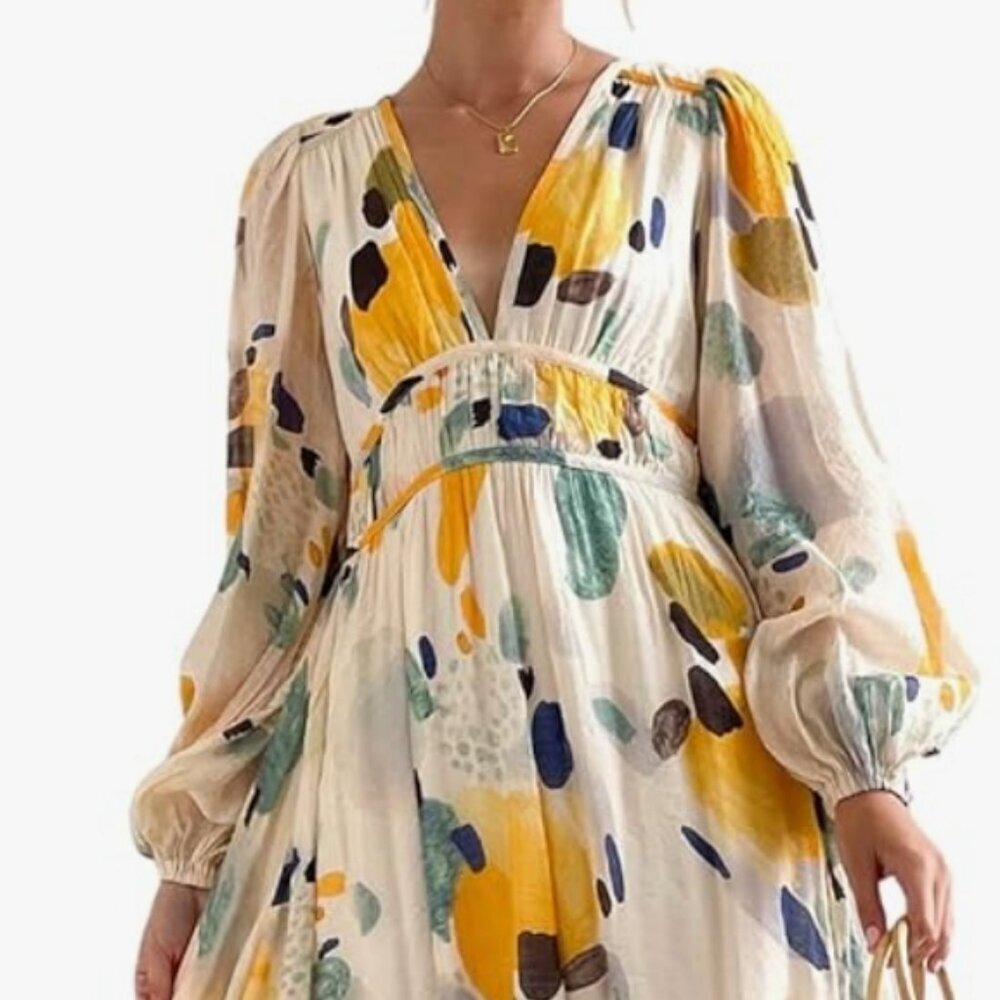 Bright Circle design lightweight long sleeve V-neck Summer dress size Small (350 - Picture 2 of 6